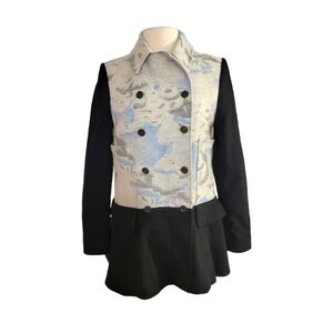 Kenzo Blue Watercolor & Black Wool Peplum Pea Coat